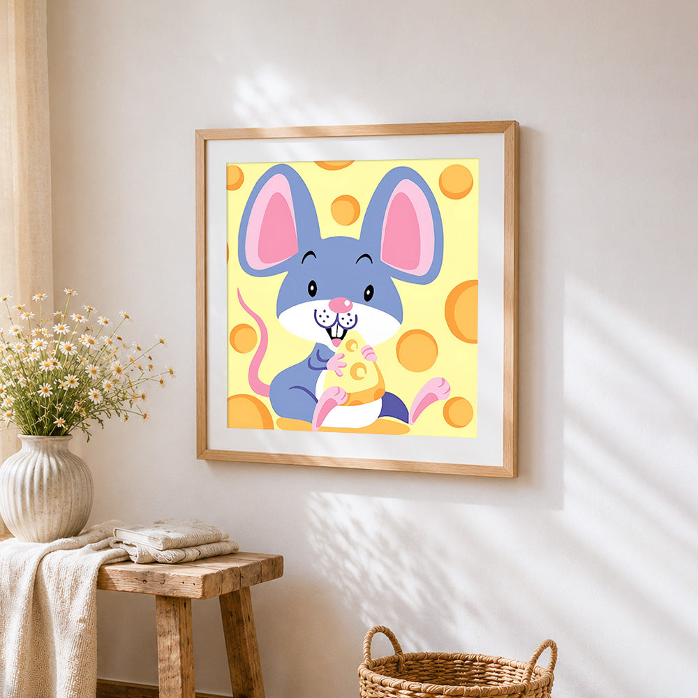 Cute cartoon mouse eating cheese cross stitch artwork displayed on wall as home decor