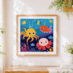 Finished cute cartoon octopus cross stitch artwork displayed