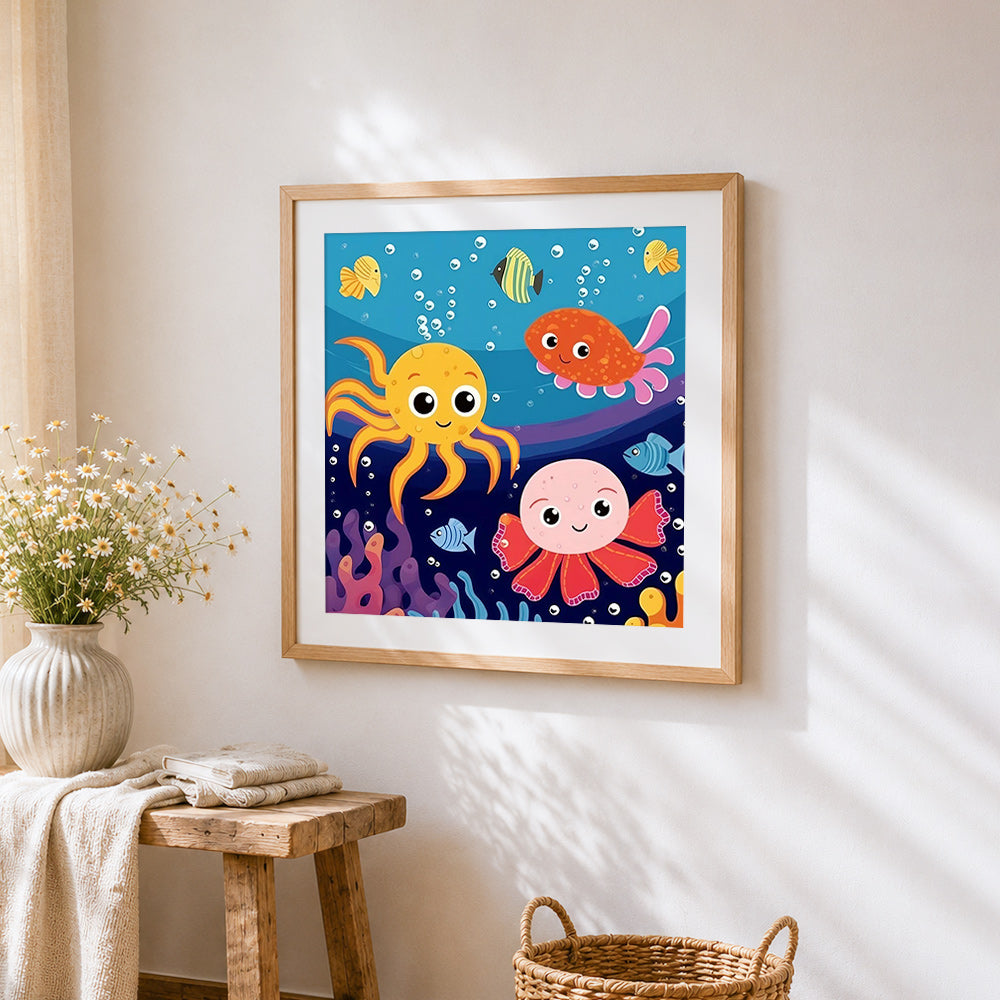 Cute cartoon octopus cross stitch artwork displayed on wall as home decor