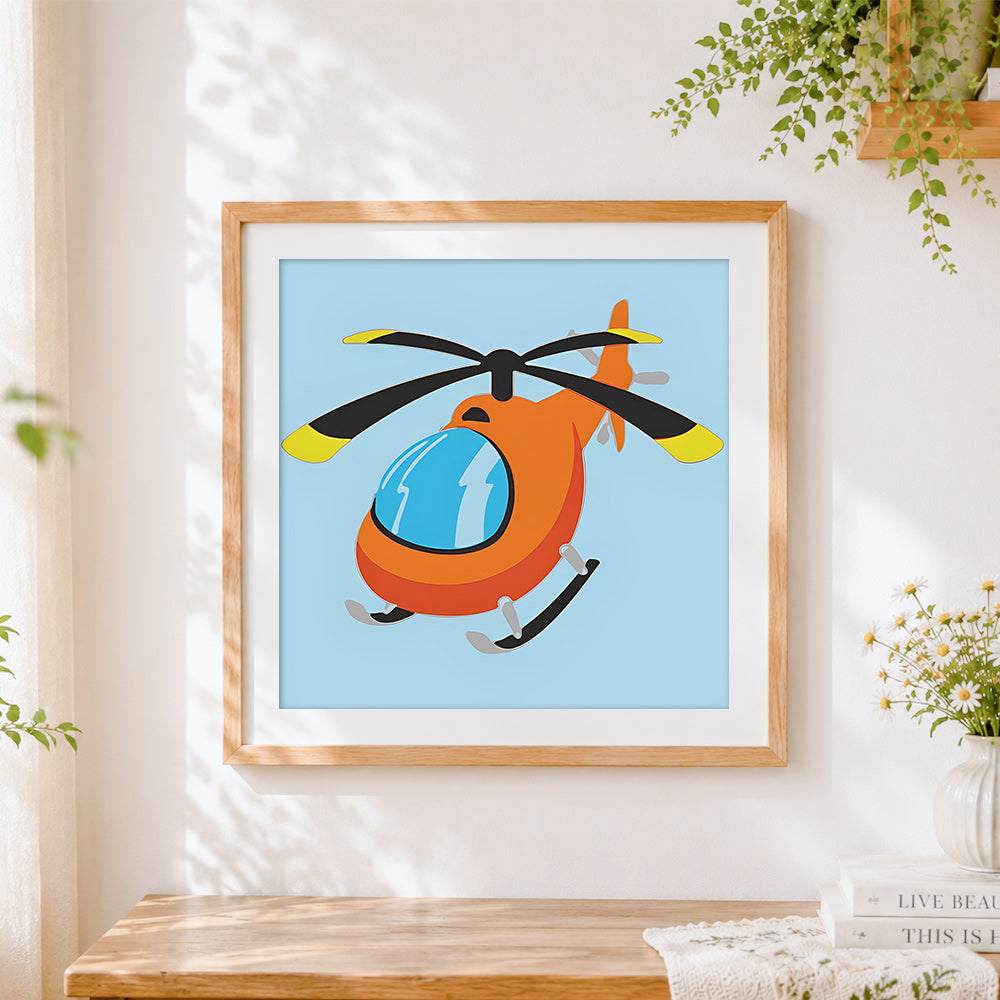 Finished cute cartoon orange helicopter cross stitch artwork displayed