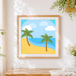 Finished cute cartoon palm tree beach cross stitch artwork displayed