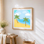 Cute cartoon palm tree beach cross stitch artwork displayed on wall as home decor