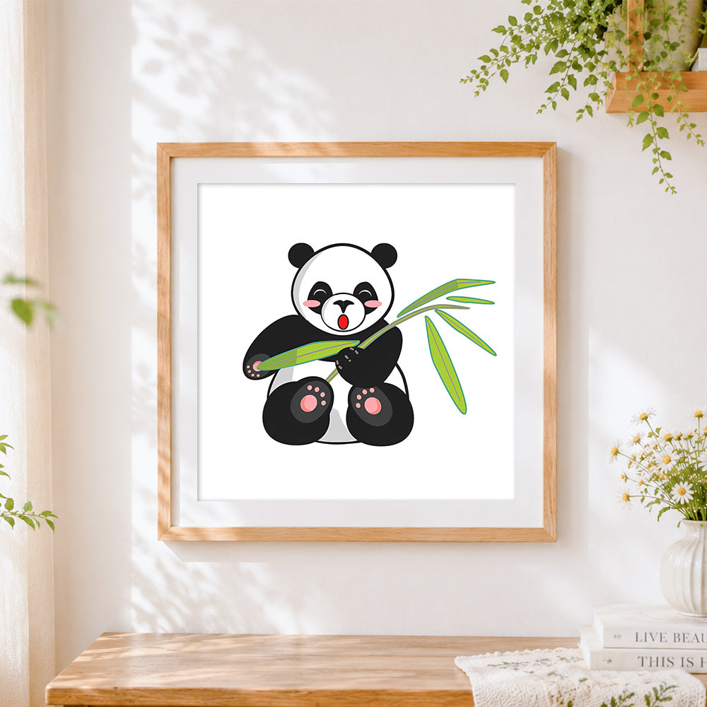 Finished cute cartoon panda with bamboo cross stitch artwork displayed