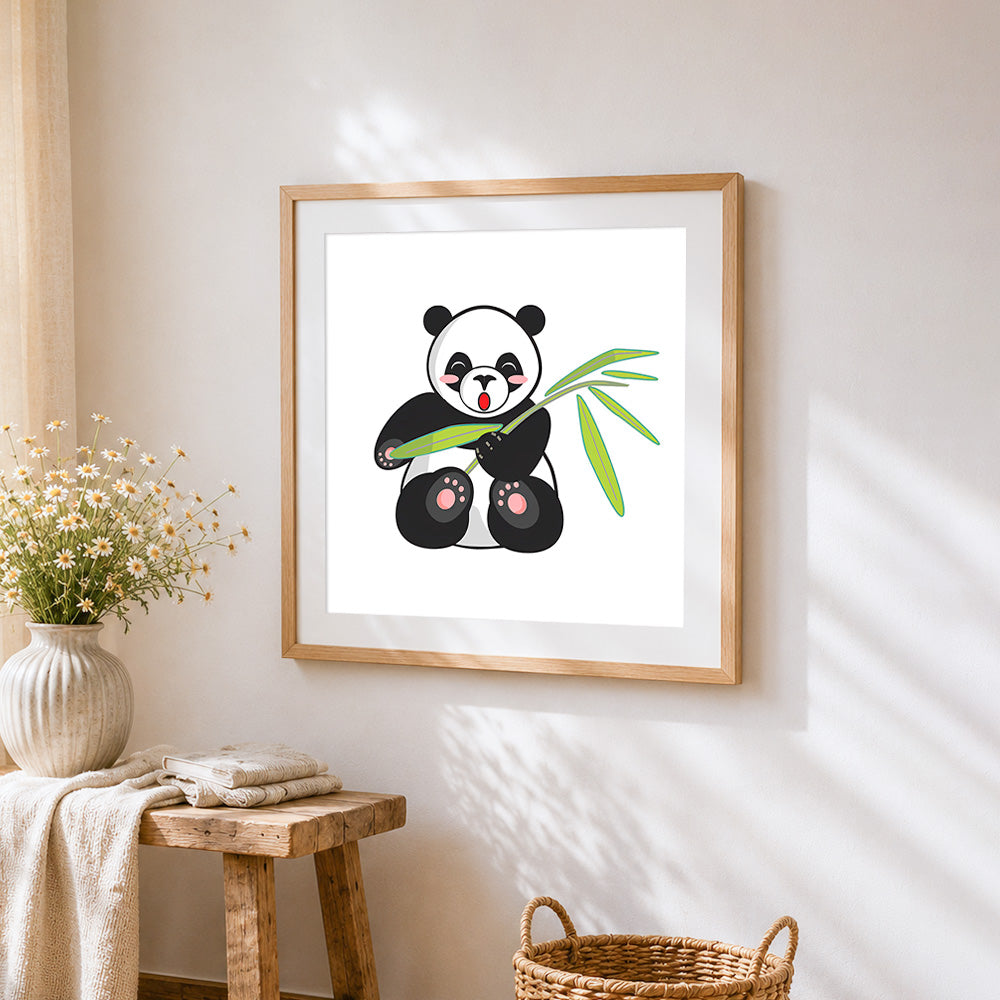 Cute cartoon panda with bamboo cross stitch artwork displayed on wall as home decor