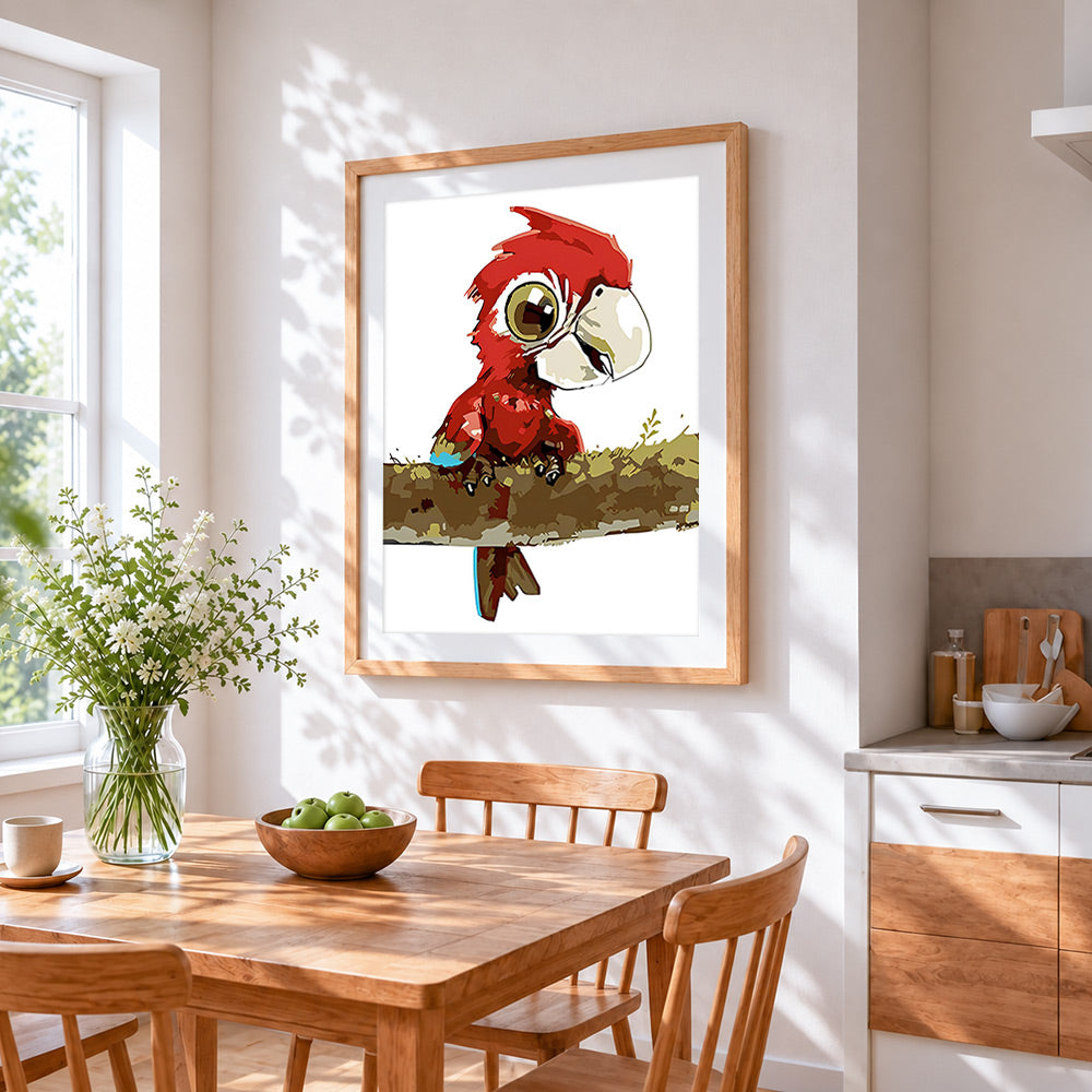 Cute cartoon parrot cross stitch artwork displayed on wall as home decor