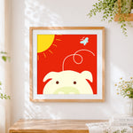 Finished cute cartoon pig in the sun cross stitch artwork displayed