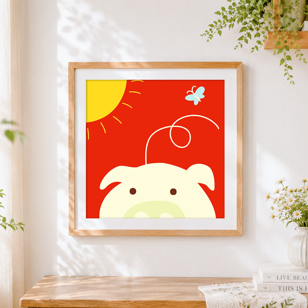 Finished cute cartoon pig in the sun cross stitch artwork displayed