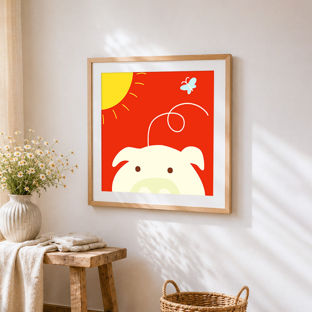 Cute cartoon pig in the sun cross stitch artwork displayed on wall as home decor