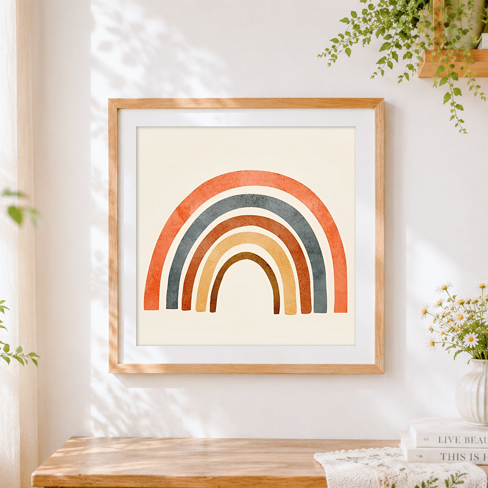 Finished cute cartoon rainbow cross stitch artwork displayed