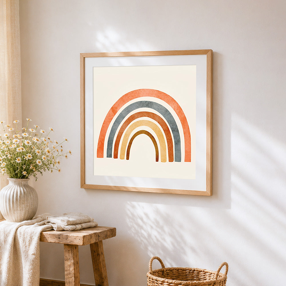 Cute cartoon rainbow cross stitch artwork displayed on wall as home decor