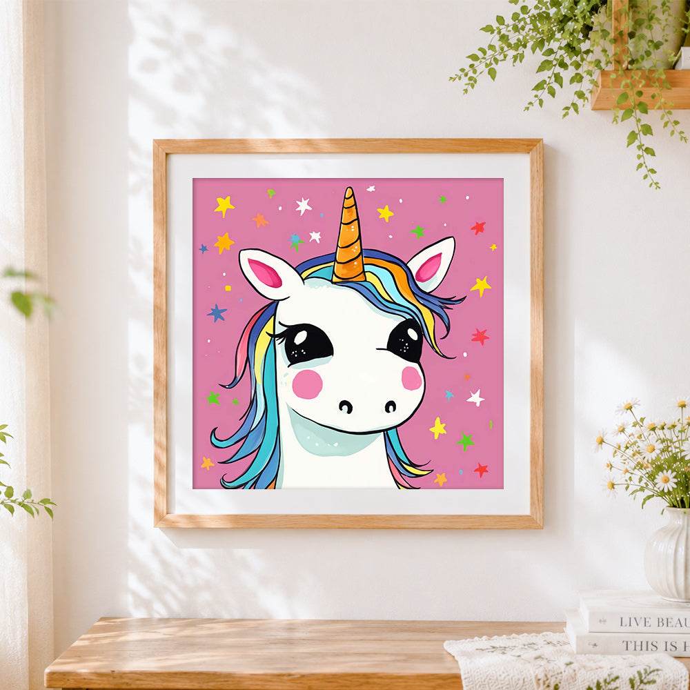 Finished cute cartoon rainbow unicorn cross stitch artwork displayed