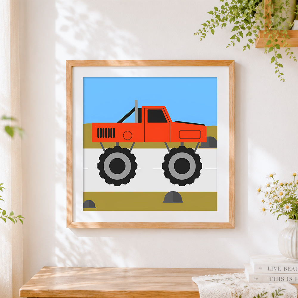 Finished cute cartoon red monster truck cross stitch artwork displayed