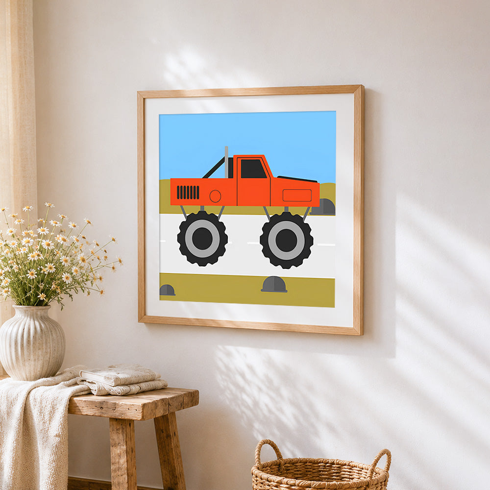 Cute cartoon red monster truck cross stitch artwork displayed on wall as home decor