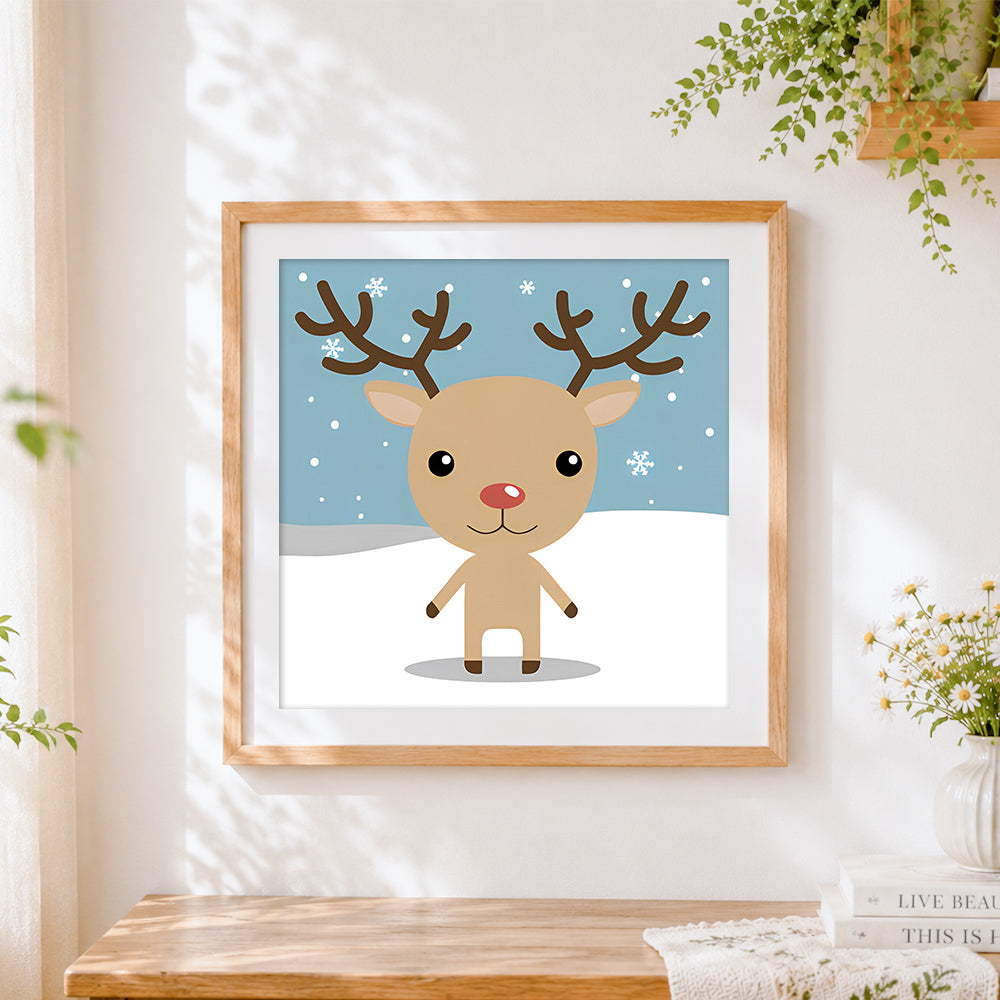 Finished cute cartoon reindeer with red nose cross stitch artwork displayed