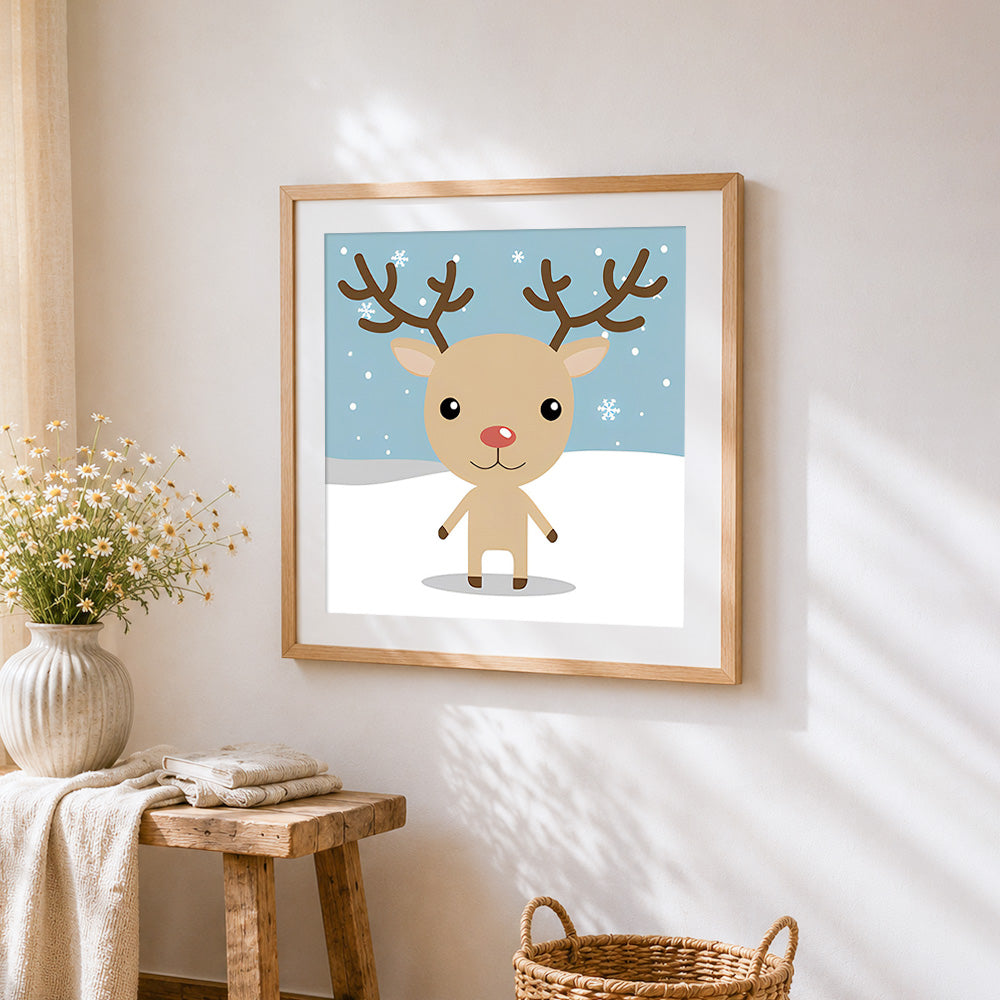 Cute cartoon reindeer with red nose cross stitch artwork displayed on wall as home decor