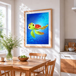 Cute cartoon sea turtle cross stitch artwork displayed on wall as home decor