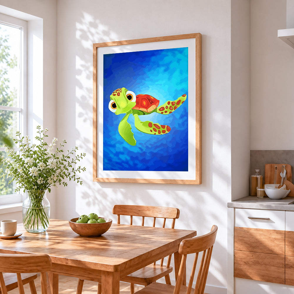 Cute cartoon sea turtle cross stitch artwork displayed on wall as home decor