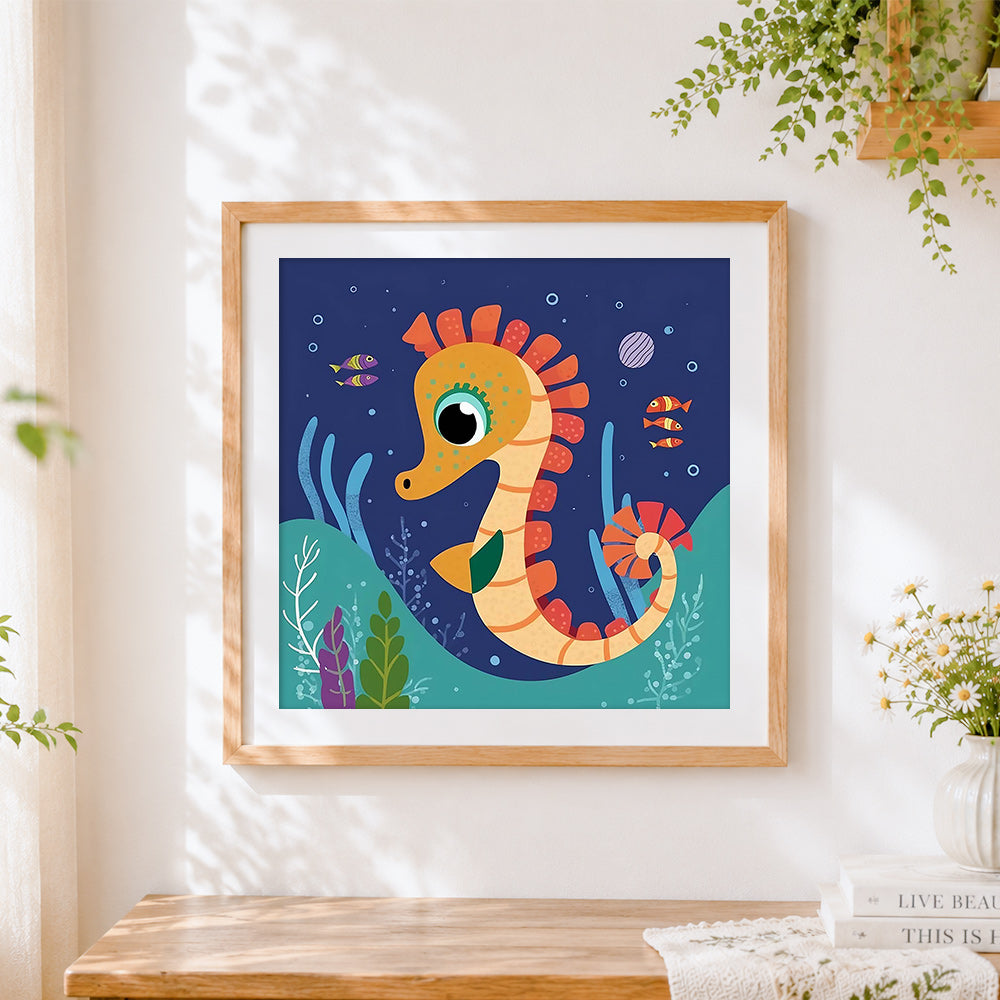 Finished cute cartoon seahorse cross stitch artwork displayed