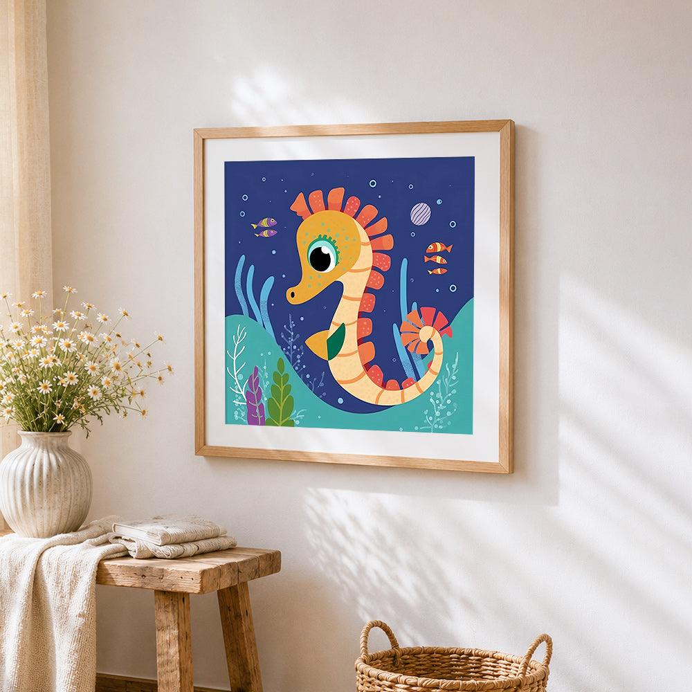 Cute cartoon seahorse cross stitch artwork displayed on wall as home decor