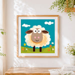 Finished cute cartoon sheep cross stitch artwork displayed