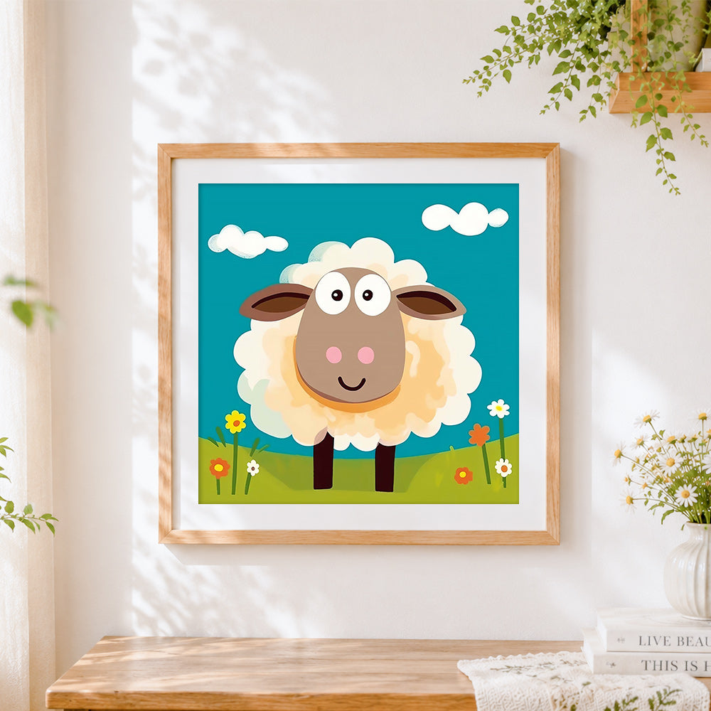 Finished cute cartoon sheep cross stitch artwork displayed