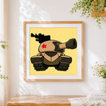 Finished cute cartoon tank cross stitch artwork displayed