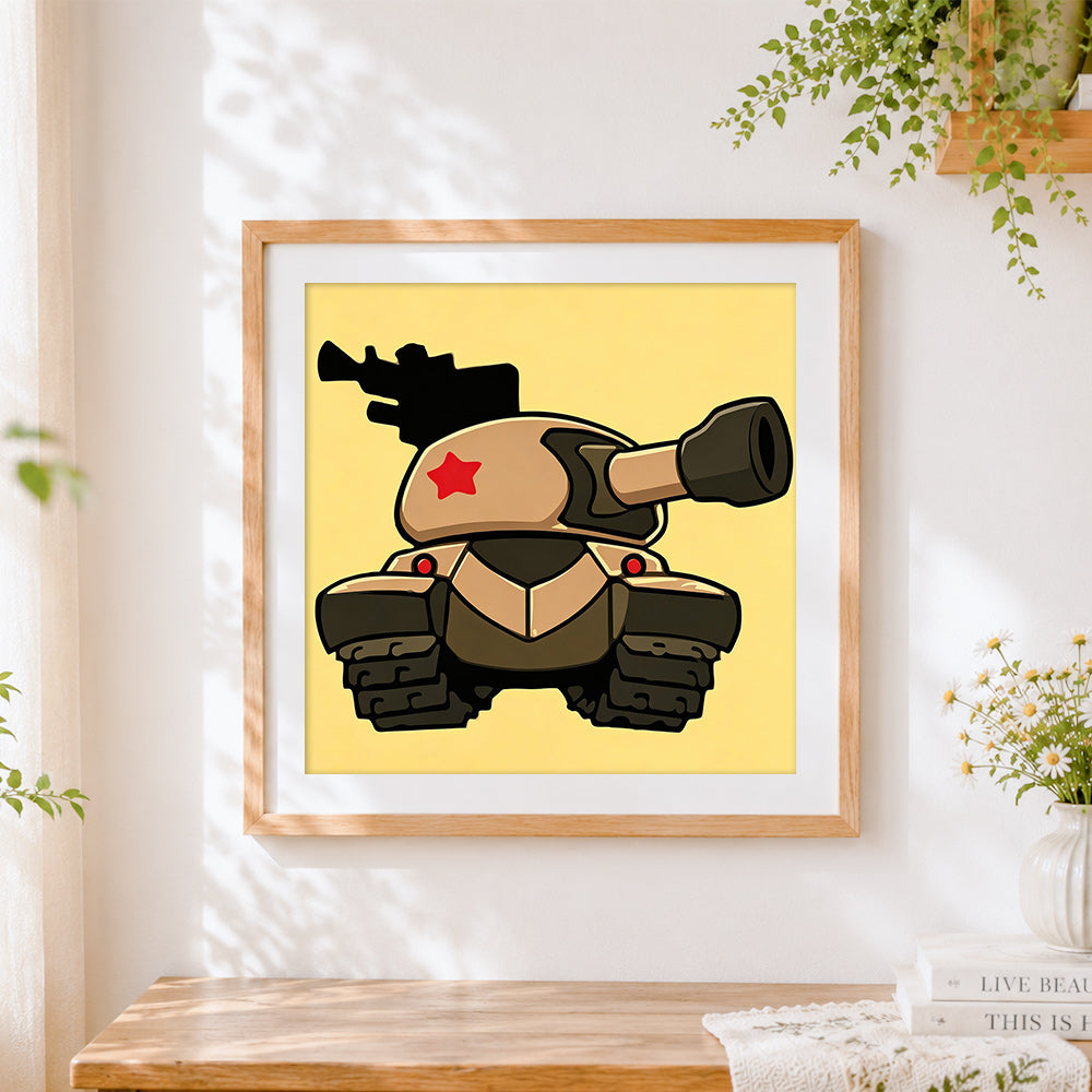 Finished cute cartoon tank cross stitch artwork displayed