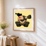 Cute cartoon tank cross stitch artwork displayed on wall as home decor