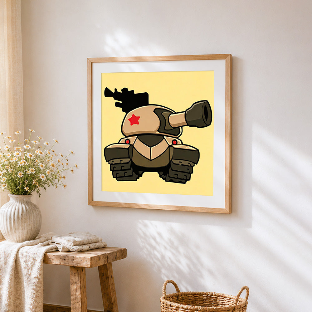 Cute cartoon tank cross stitch artwork displayed on wall as home decor