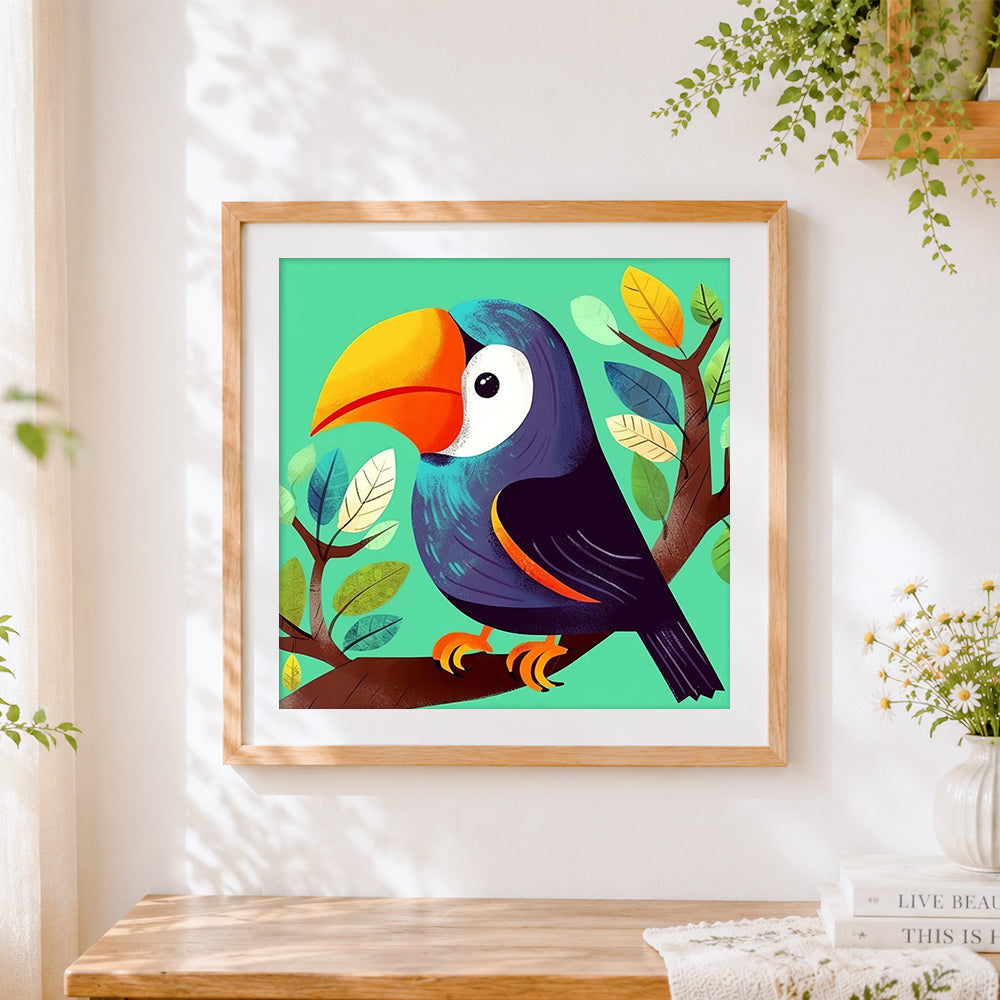 Finished cute cartoon toucan cross stitch artwork displayed
