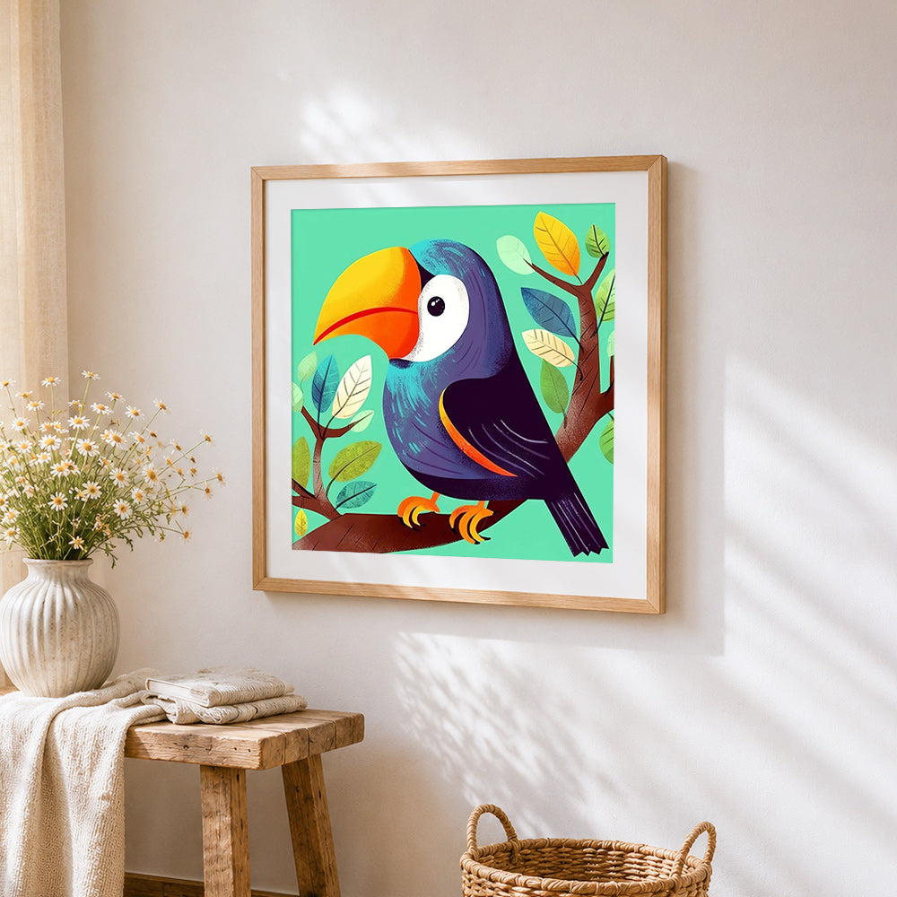 Cute cartoon toucan cross stitch artwork displayed on wall as home decor