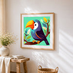 Cute cartoon toucan cross stitch artwork displayed on wall as home decor