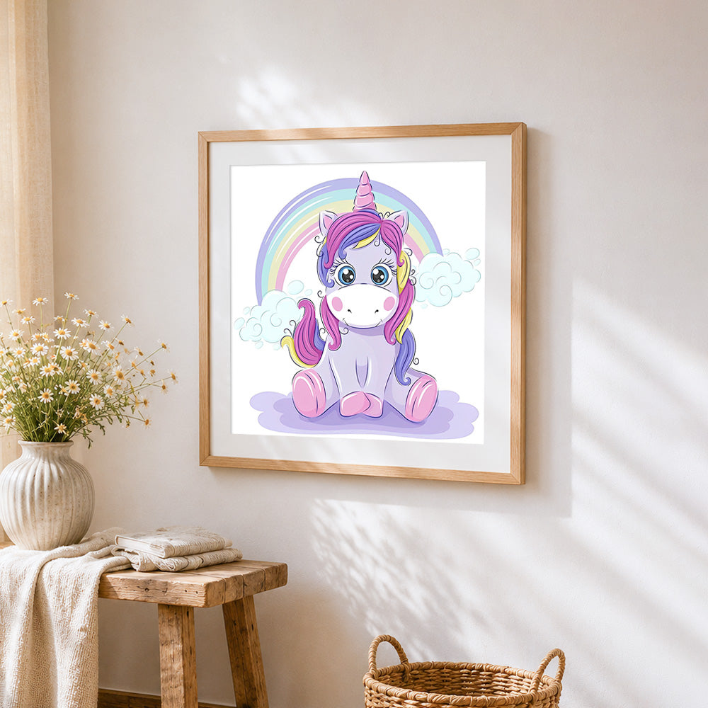 Cute cartoon unicorn with rainbow paint by numbers artwork displayed on wall as home decor