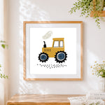 Finished cute cartoon yellow tractor cross stitch artwork displayed