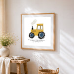 Cute cartoon yellow tractor cross stitch artwork displayed on wall as home decor