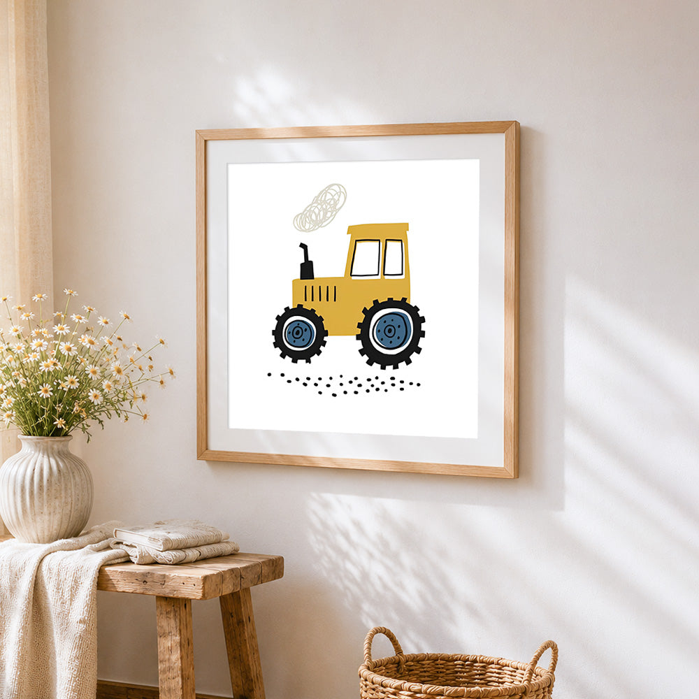 Cute cartoon yellow tractor cross stitch artwork displayed on wall as home decor