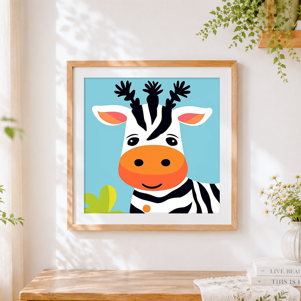 Finished cute cartoon zebra with orange nose cross stitch artwork displayed