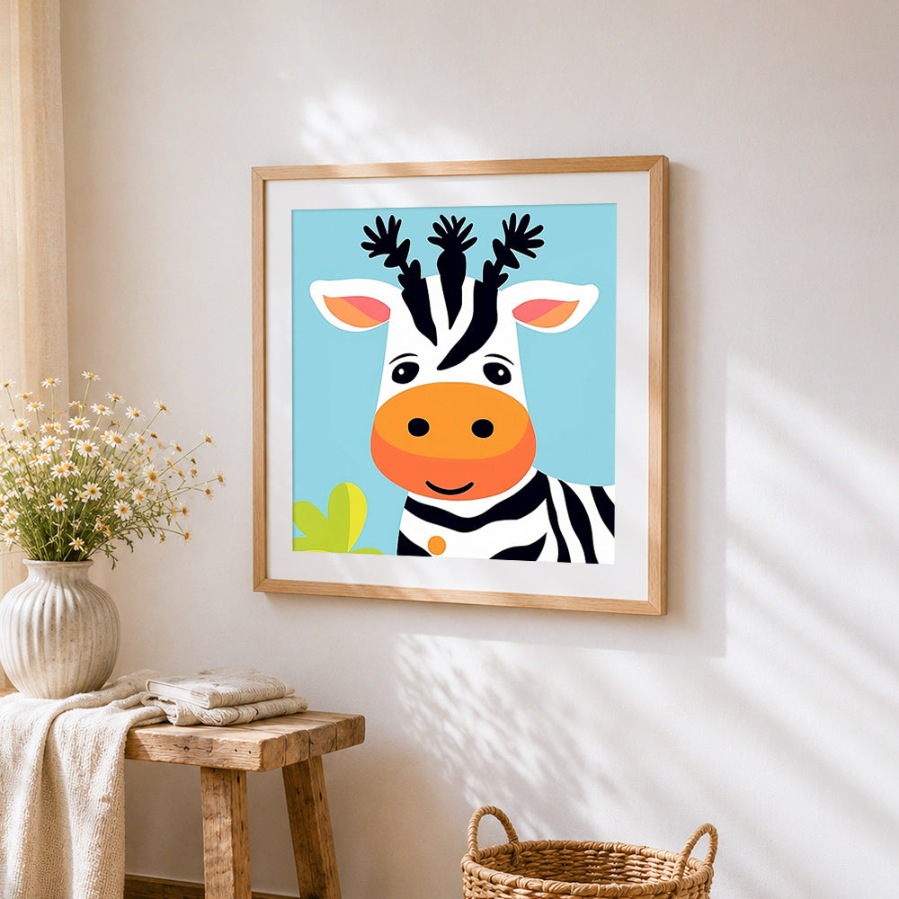 Cute cartoon zebra with orange nose cross stitch artwork displayed on wall as home decor