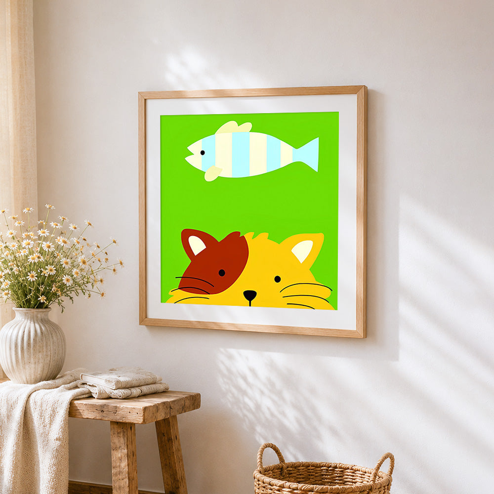 Cute cat and fish cross stitch artwork displayed on wall as home decor