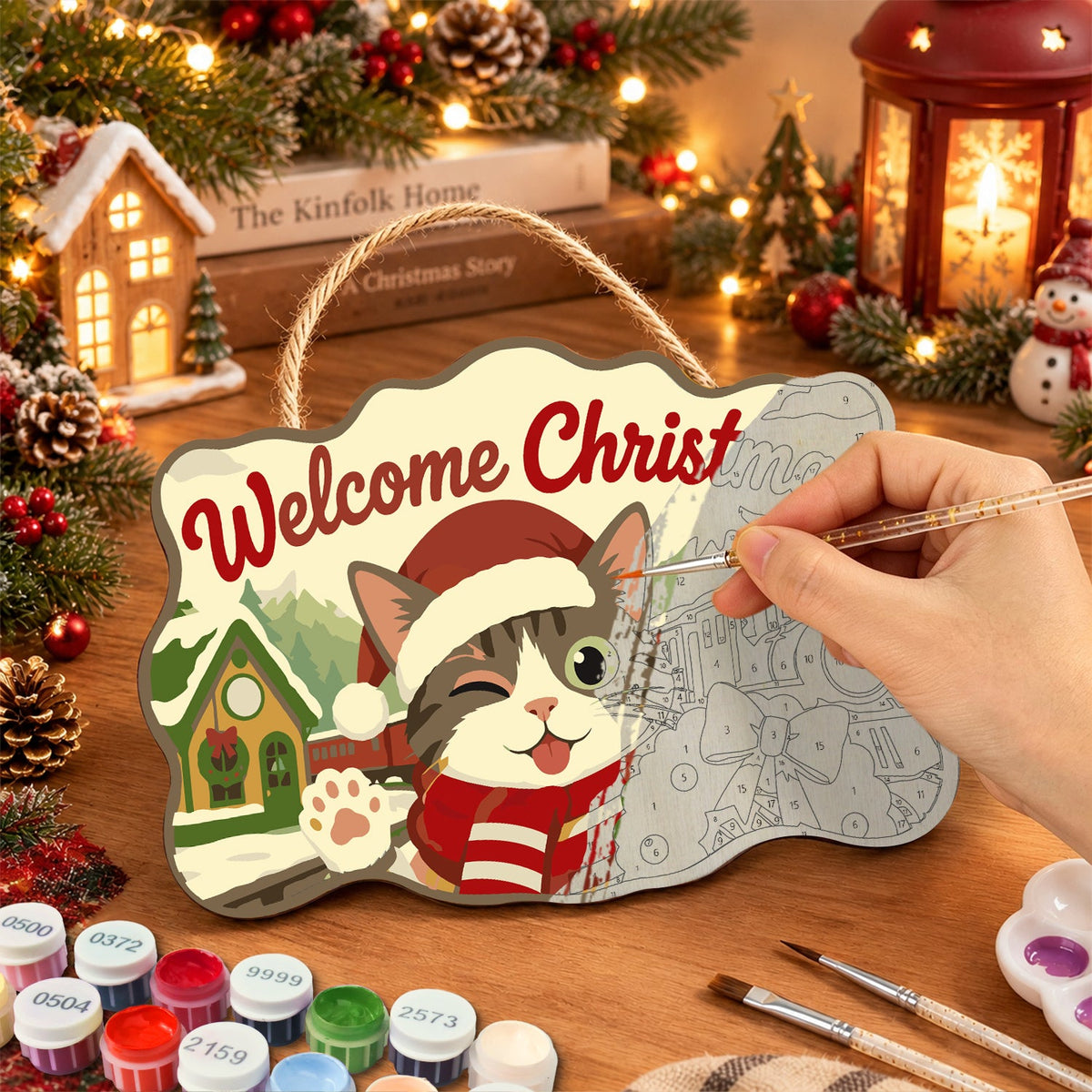 Cute cat holiday vibe paint by numbers door hanger painting process