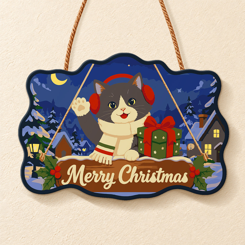 Cute cat with christmas gift paint by numbers door hanger finished design