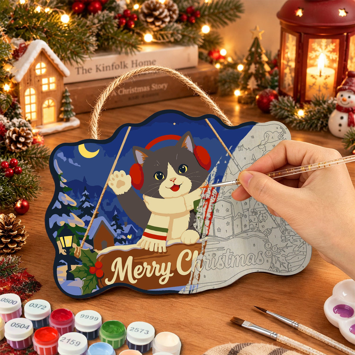 Cute cat with christmas gift paint by numbers door hanger painting process