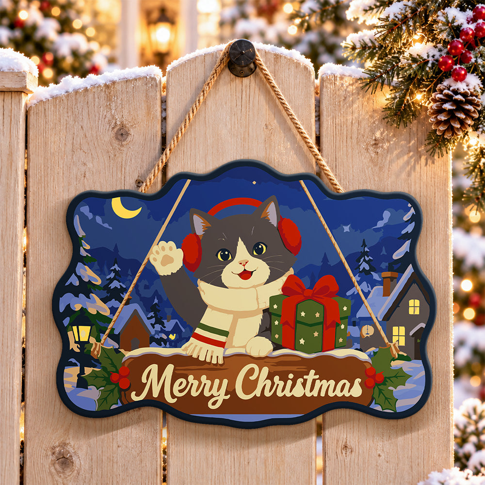 Cute cat with christmas gift paint by numbers door hanger on a garden gate