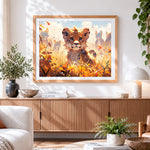 Finished cute cheetah cub in autumn grass cross stitch artwork displayed