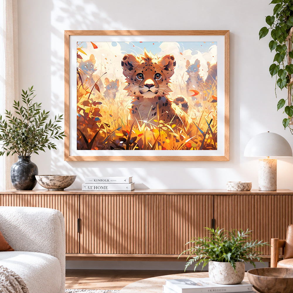 Finished cute cheetah cub in autumn grass cross stitch artwork displayed