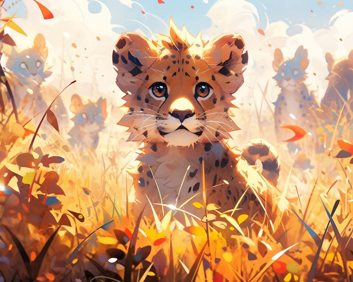 Cute cheetah cub in autumn grass cross stitch kit for beginners