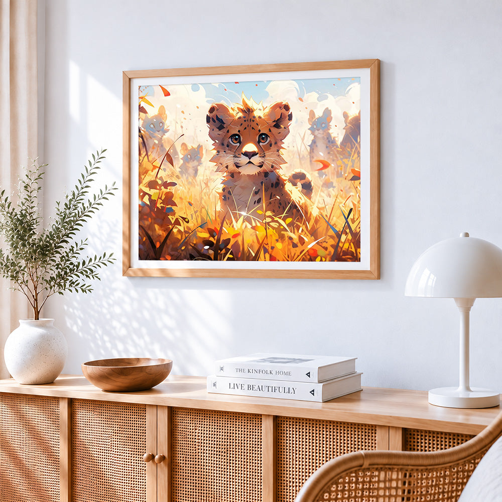 Cute cheetah cub in autumn grass cross stitch artwork displayed on wall as home decor