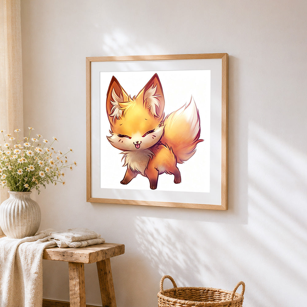 Cute chibi fox winking cross stitch artwork displayed on wall as home decor