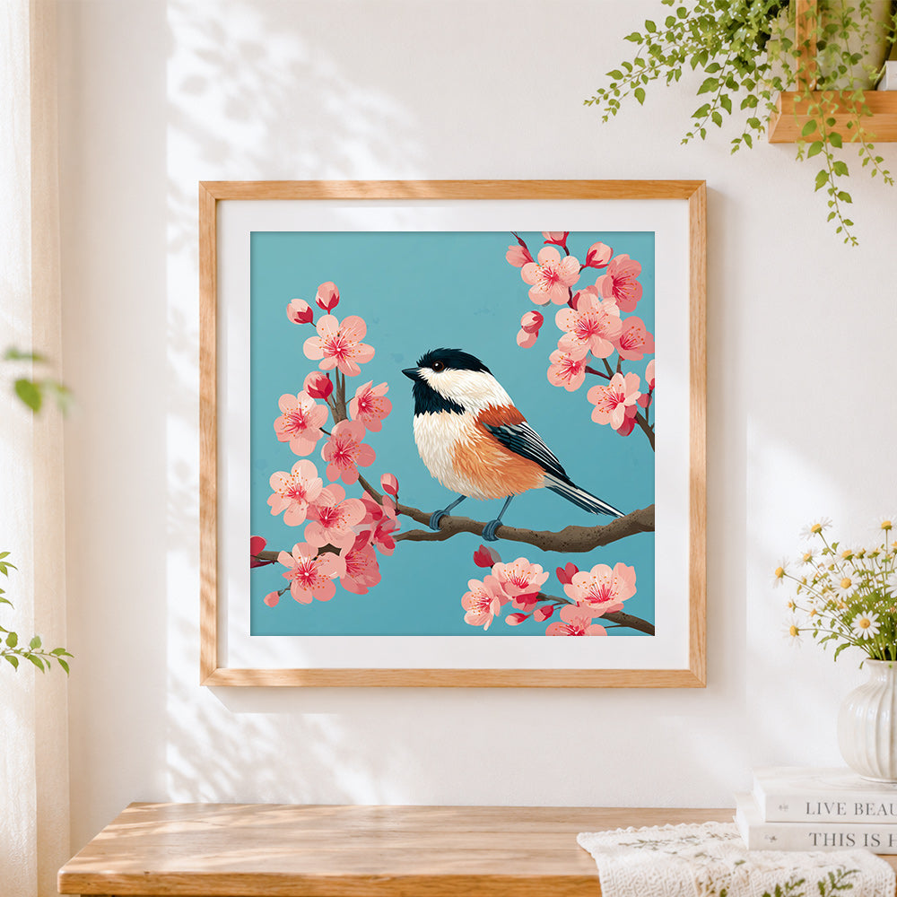 Finished cute chickadee on cherry blossom branch cross stitch artwork displayed
