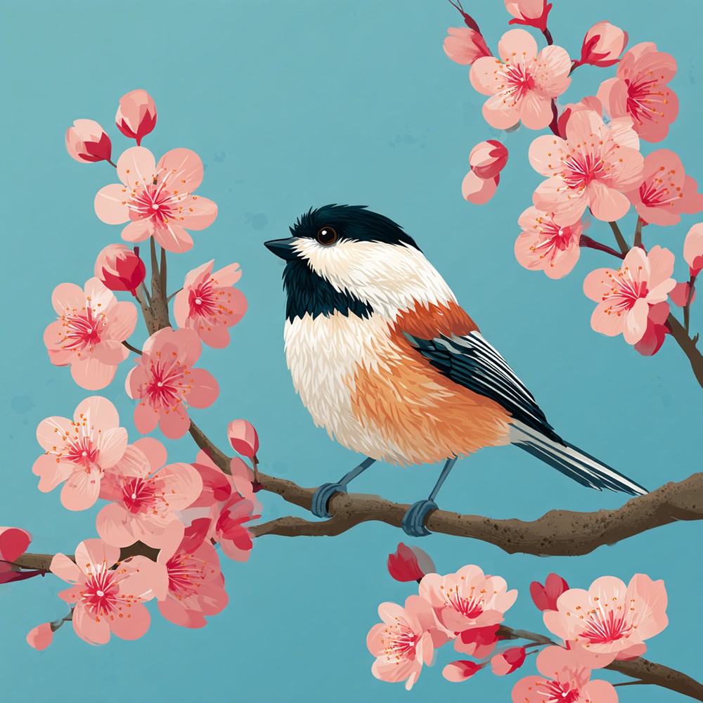 Cute chickadee on cherry blossom branch cross stitch kit for beginners